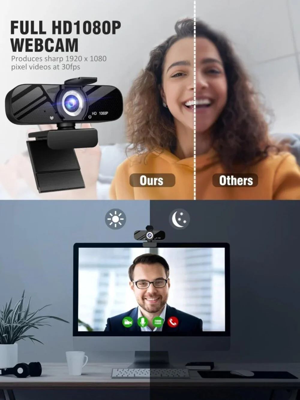 HD 1080P Webcam with Microphone, Rotatable Tripod & Privacy Cover for PC/Laptop
